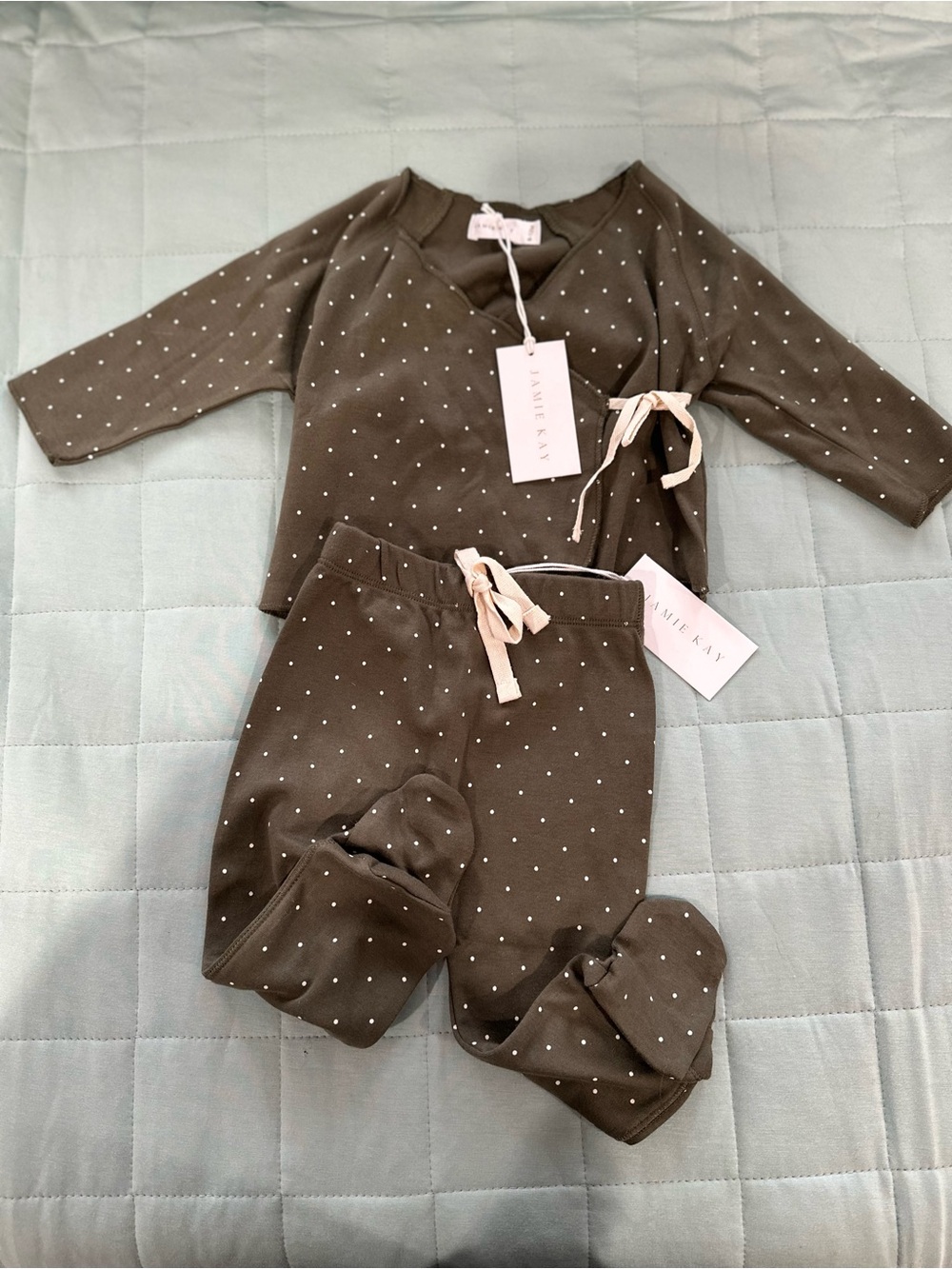 Jamie Kay Olive Green Dot Wrap Top & Drawstring Pants Pajama Set